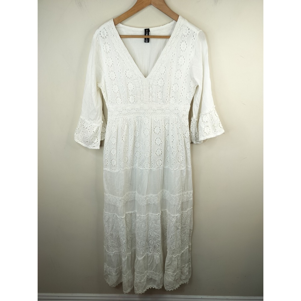 Me 2 Magic Eyelet Embroidered Tiered Maxi Dress Large Flare Sleeve White Cotton